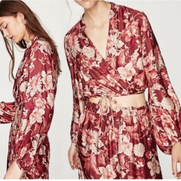 Zara Crop Wrap Front Tie Floral Blouse with Puffy Sleeves Size S - Picture 3 of 11